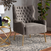 Baxton Studio TSF-6741-Grey Velvet/Gold-CC Nelson Modern Luxe and Glam Grey Velvet Fabric Upholstered and Gold Finished Metal Armchaird
